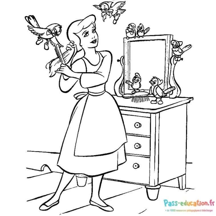 Cendrillon et oiseaux coloriage gratuit à imprimer