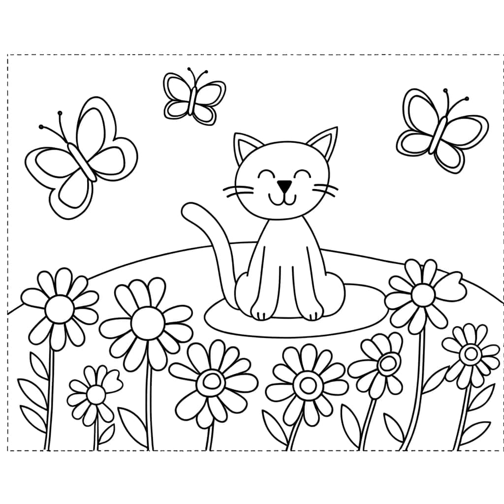 Chat heureux et papillons à colorier gratuitement