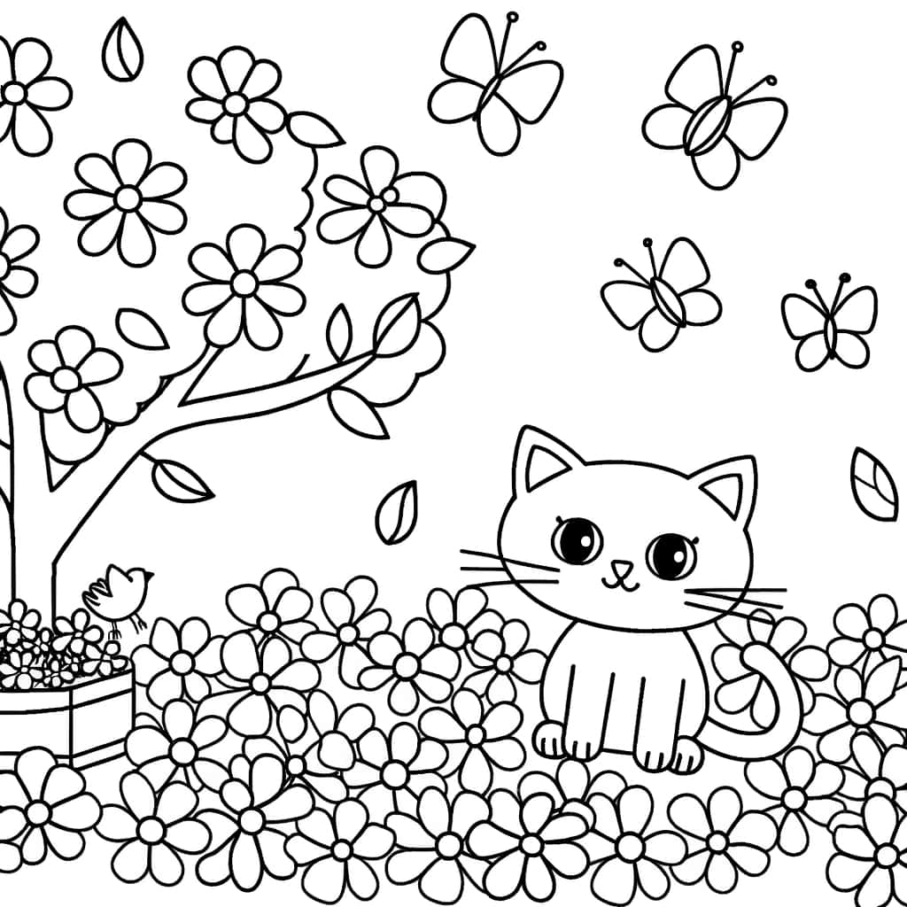 Chat mignon jardin fleuri gratuit à imprimer