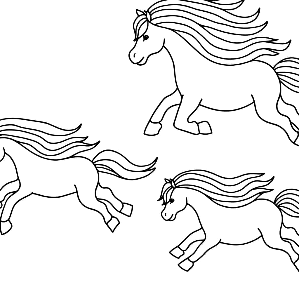 Chevaux galopant joyeusement coloriage gratuit à imprimer