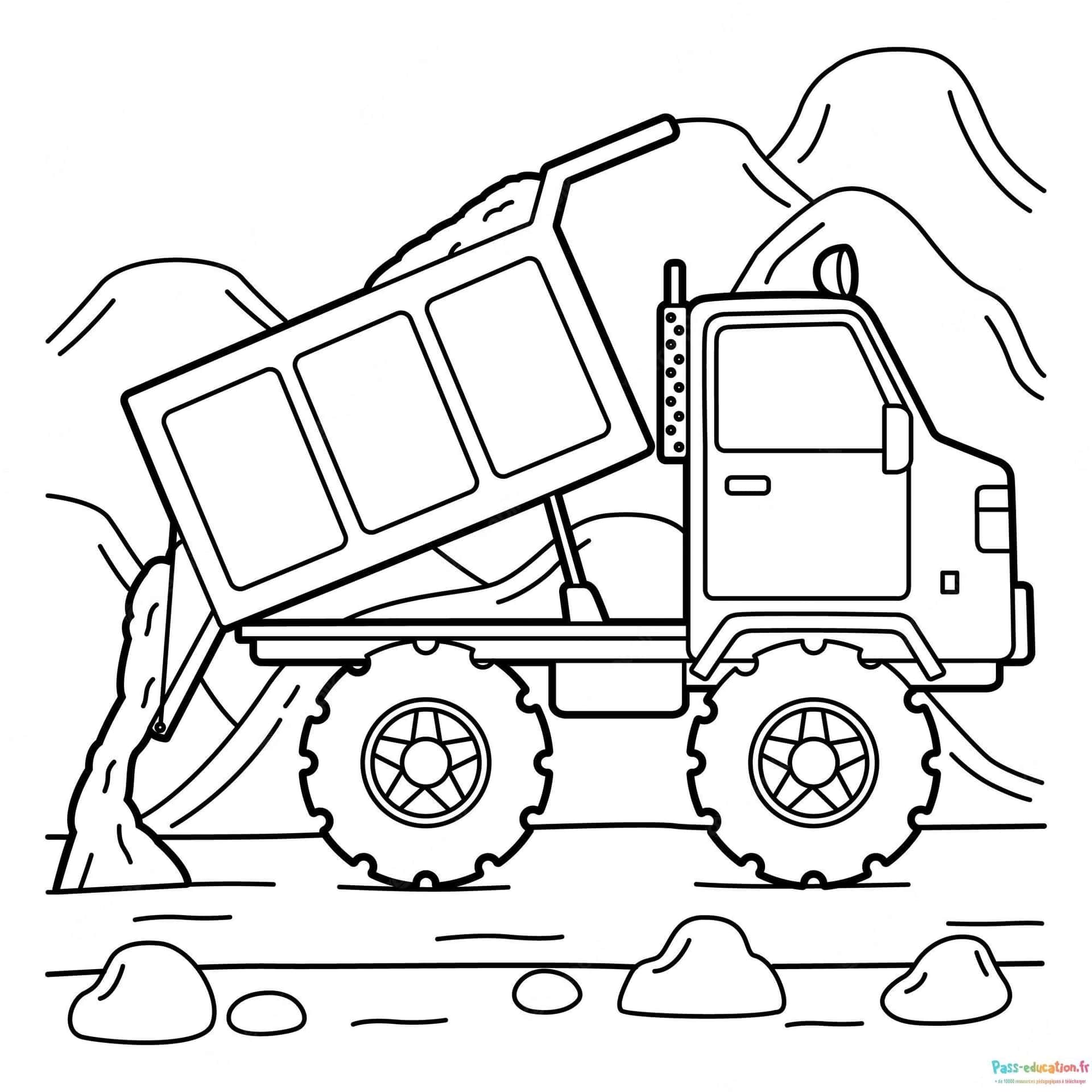 Désolé, il semble y avoir une erreur dans ma réponse précédente. Le coloriage représente un camion-benne et non un camion militaire. Voici la correction :

Camion-benne