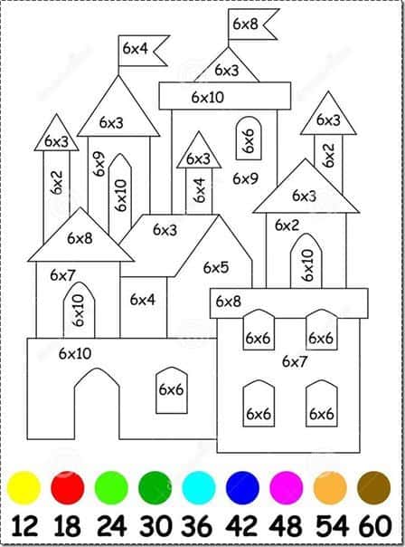 Coloriage châteaux multiplications gratuit à imprimer