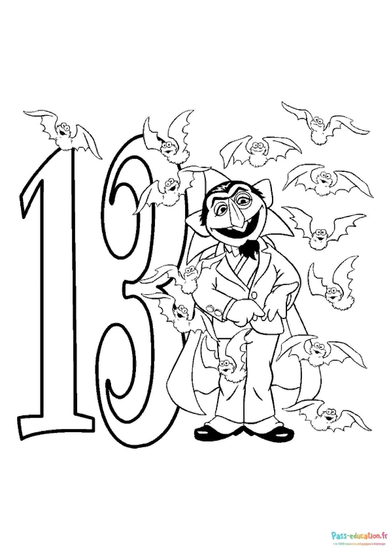 Coloriage chiffre 13 et vampires gratuit à imprimer