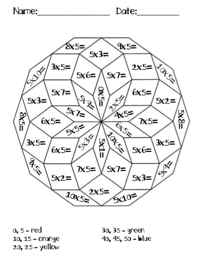 Coloriage multiplication par cinq gratuit à imprimer