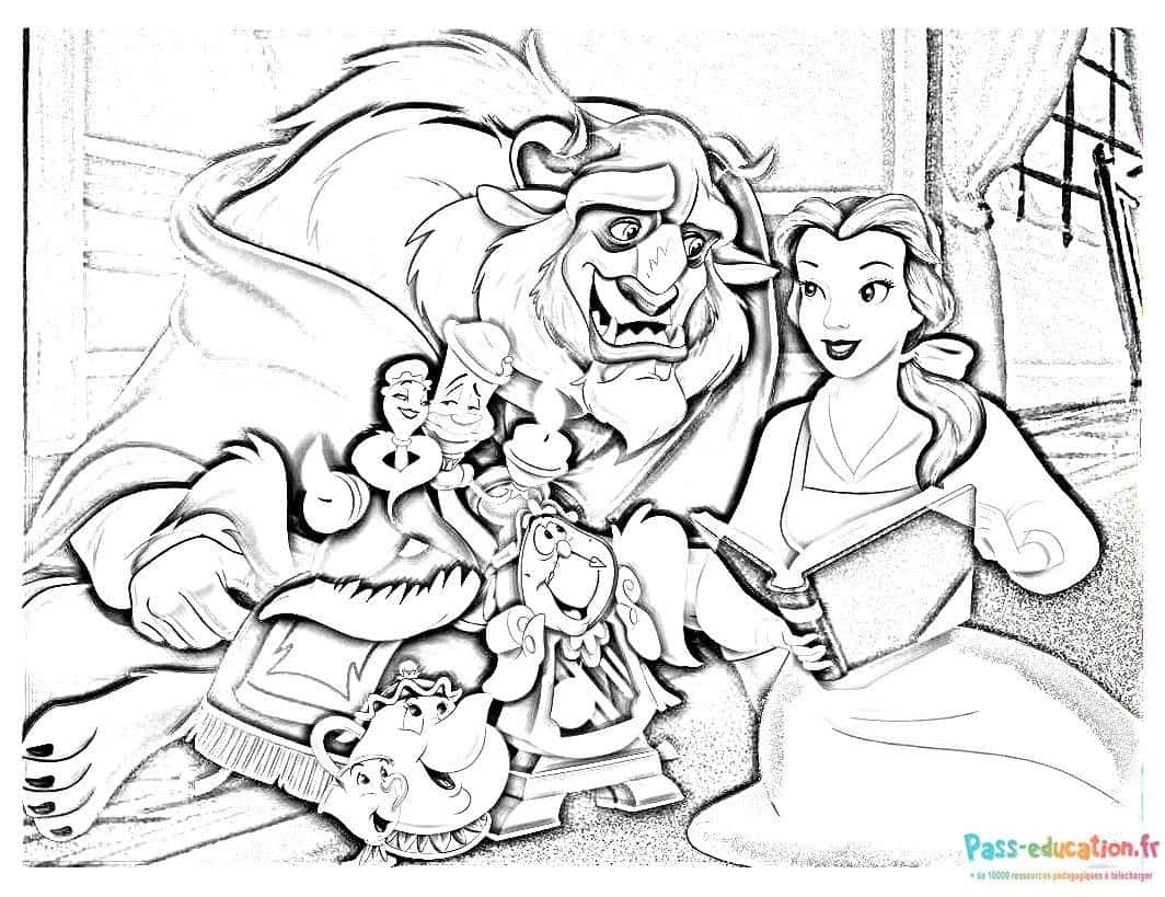 Coloriage scène Belle et la Bête gratuit à imprimer