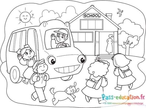 Écoliers joyeux et bus scolaire gratuit à imprimer