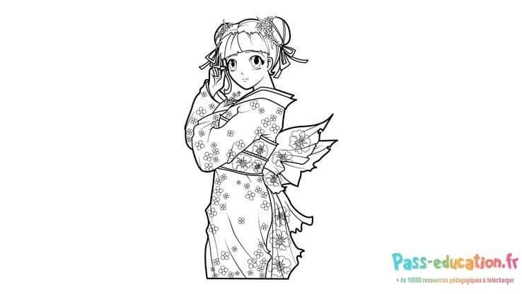 Jeune fille manga en kimono gratuit à imprimer