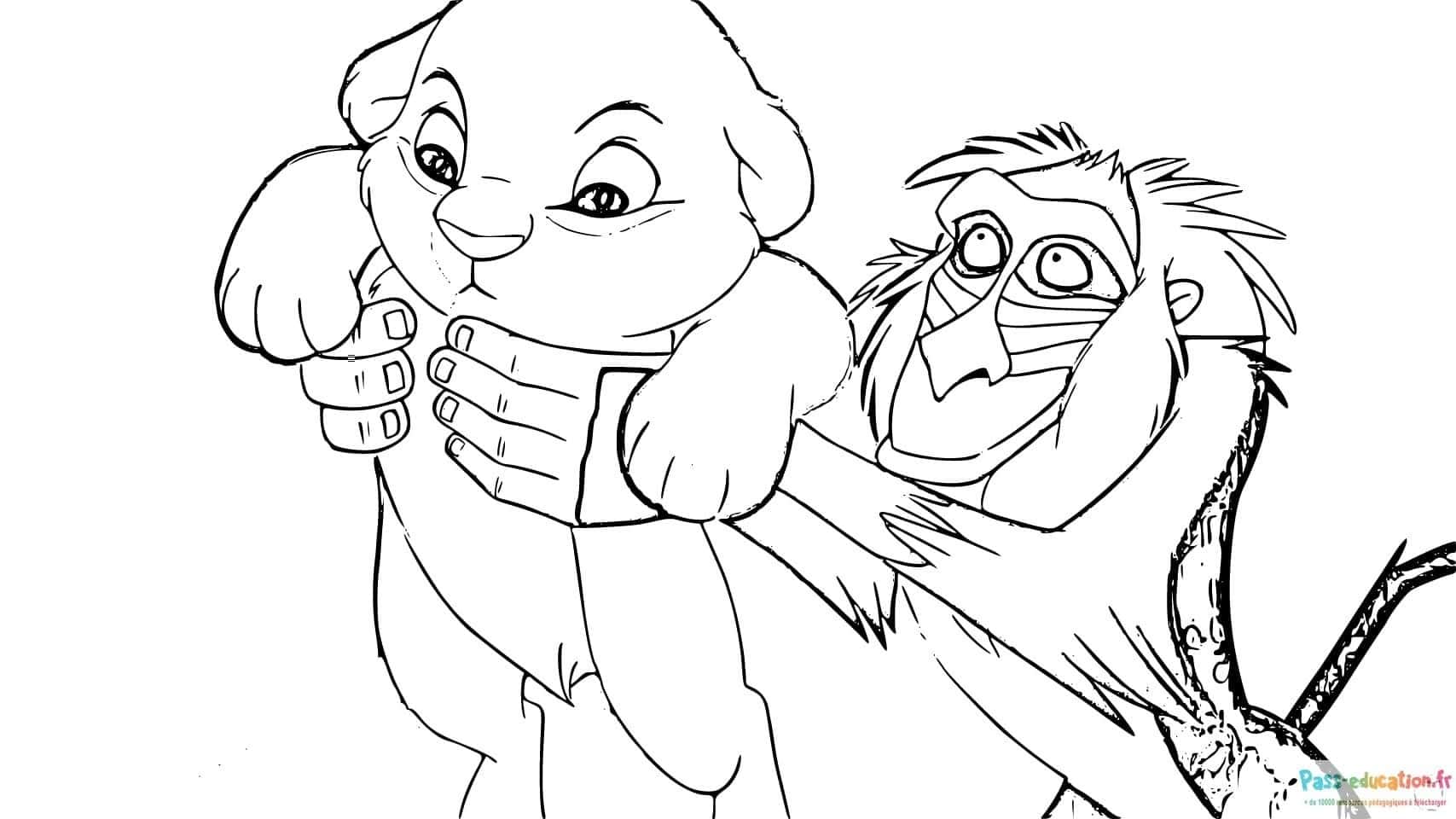 Lionceau et singe malicieux à colorier gratuitement