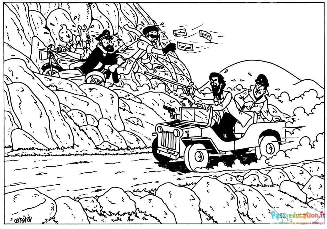 Tintin et Haddock en Jeep à imprimer gratuitement