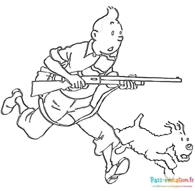 Tintin et Milou en chasse à imprimer gratuitement